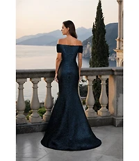 Terani Couture Jacquard Off-The-Shoulder Flower Applique Gown