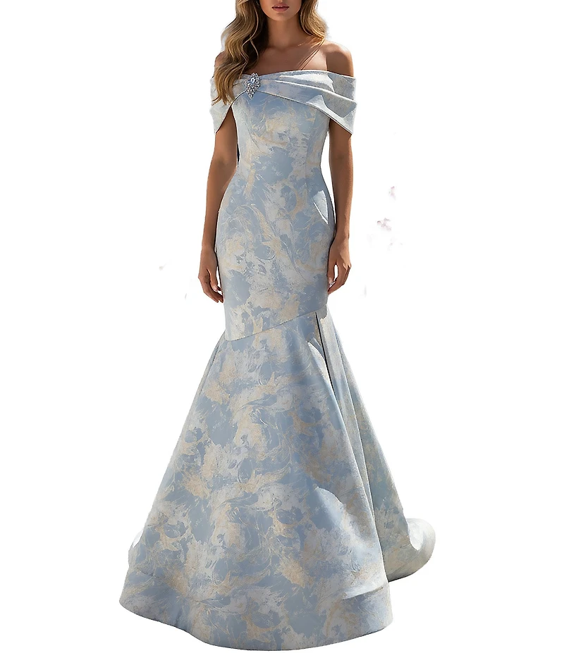 Terani Couture Jacquard Off-The-Shoulder Mermaid Gown