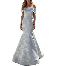 Terani Couture Jacquard Off-The-Shoulder Mermaid Gown
