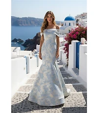 Terani Couture Jacquard Off-The-Shoulder Mermaid Gown