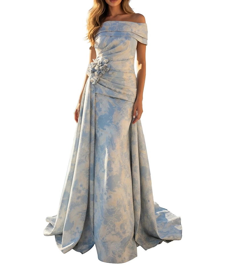 Terani Couture Jacquard Off-The-Shoulder Sheath Gown