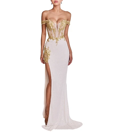 Terani Couture Lace Up Back Long Beaded Dress