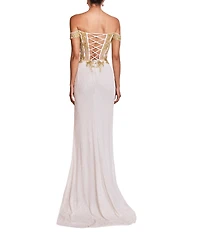 Terani Couture Lace Up Back Long Beaded Dress