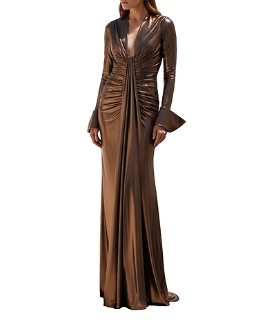 Terani Couture Long Sleeve V Neck Foiled Dress