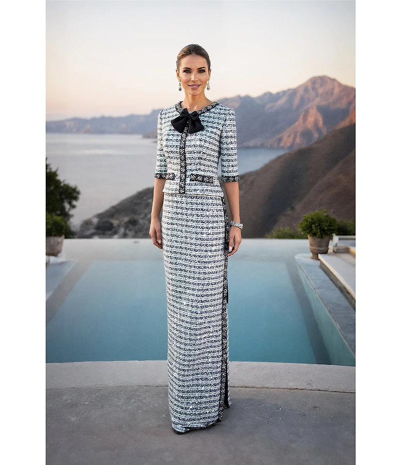 Terani Couture Long Tweed Sequin Bow Detail Column Gown