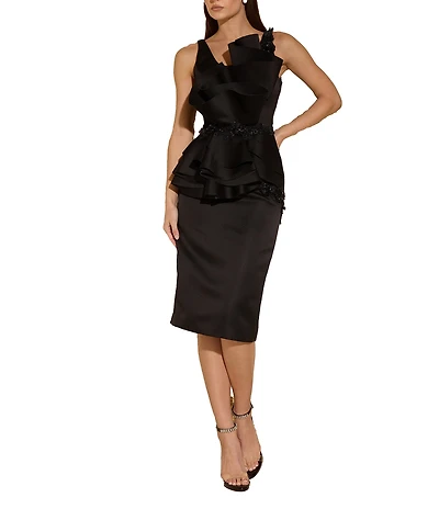 Terani Couture Matte Satin Asymmetric Neckline Ruffle Peplum Midi Dress