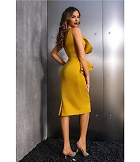 Terani Couture Matte Satin Asymmetric Neckline Ruffle Peplum Midi Dress