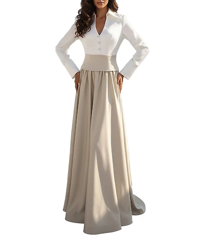 Terani Couture Matte Satin Two Tone Collard V-Neck Long Sleeve A-Line Gown