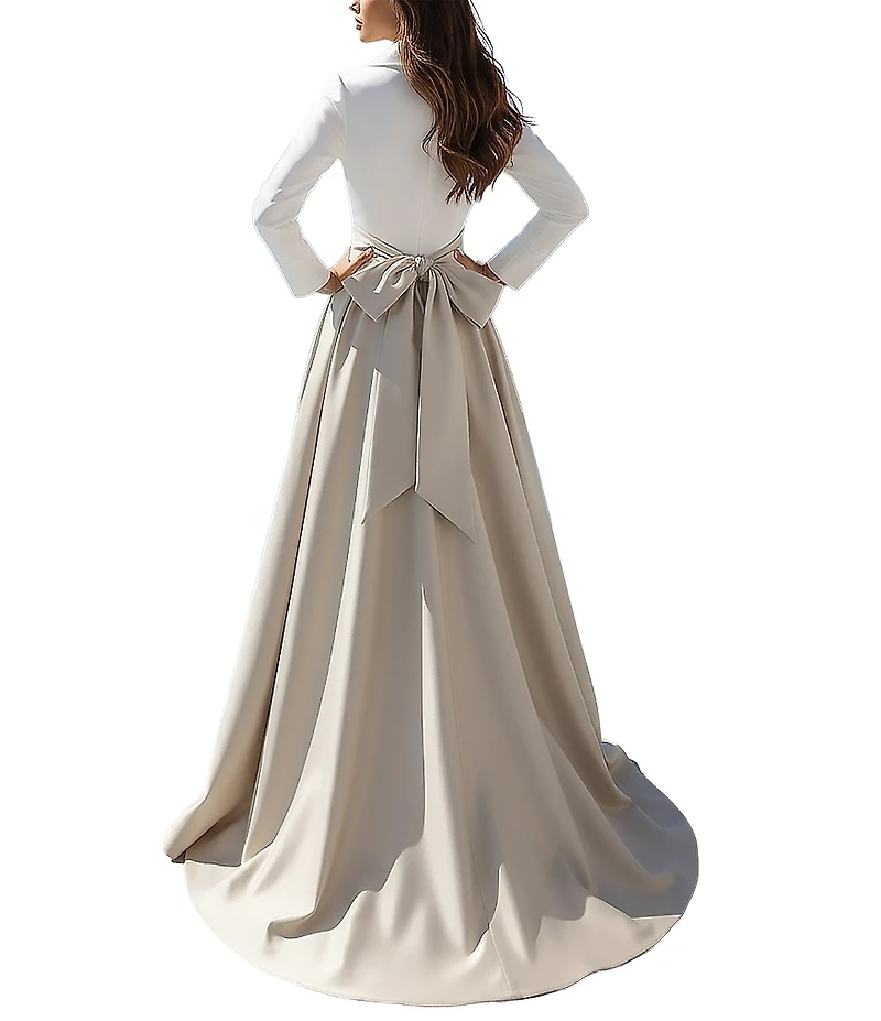 Terani Couture Matte Satin Two Tone Collard V-Neck Long Sleeve A-Line Gown