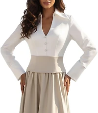 Terani Couture Matte Satin Two Tone Collard V-Neck Long Sleeve A-Line Gown