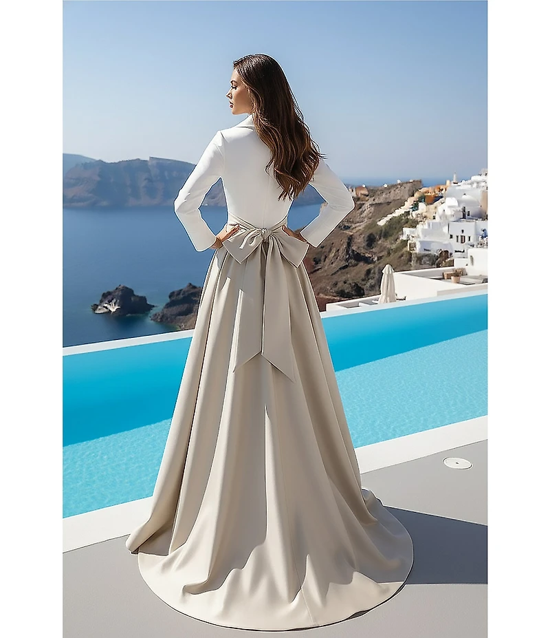 Terani Couture Matte Satin Two Tone Collard V-Neck Long Sleeve A-Line Gown