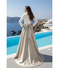 Terani Couture Matte Satin Two Tone Collard V-Neck Long Sleeve A-Line Gown