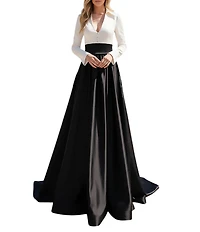 Terani Couture Matte Satin Two Tone Collard V-Neck Long Sleeve A-Line Gown