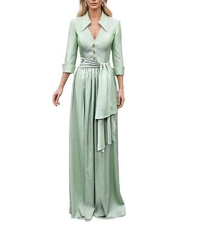 Terani Couture Matte Taffeta 3/4 Sleeve Collar Neckline Shirt Dress Gown