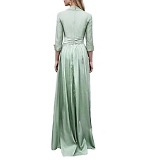 Terani Couture Matte Taffeta 3/4 Sleeve Collar Neckline Shirt Dress Gown