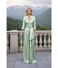 Terani Couture Matte Taffeta 3/4 Sleeve Collar Neckline Shirt Dress Gown