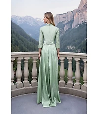 Terani Couture Matte Taffeta 3/4 Sleeve Collar Neckline Shirt Dress Gown
