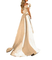 Terani Couture Metallic Jacquard Off-The-Shoulder Ruffle Overskirt A-Line Gown