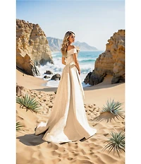 Terani Couture Metallic Jacquard Off-The-Shoulder Ruffle Overskirt A-Line Gown