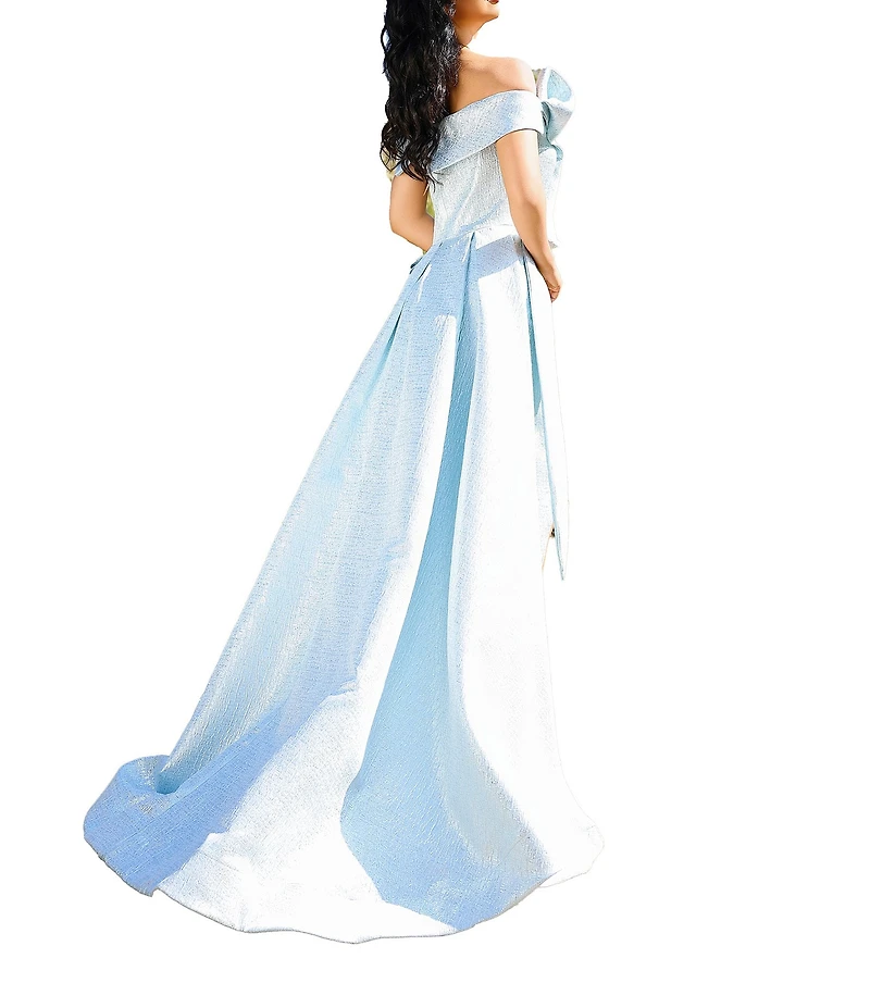 Terani Couture Metallic Jacquard Off-The-Shoulder Ruffle Overskirt A-Line Gown