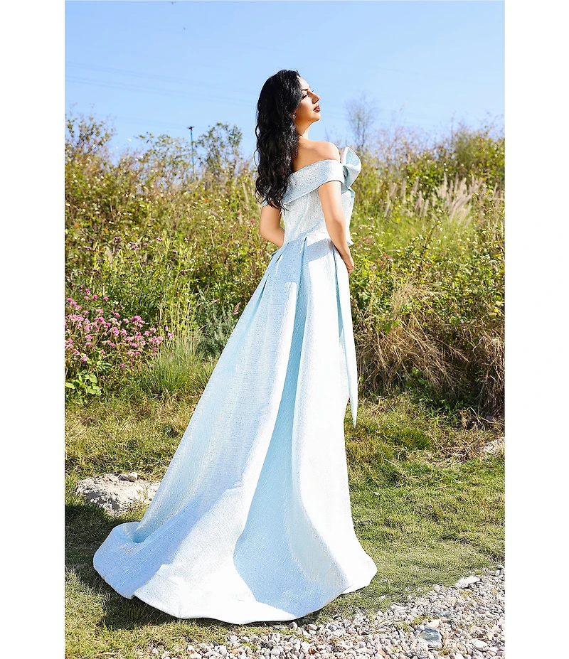 Terani Couture Metallic Jacquard Off-The-Shoulder Ruffle Overskirt A-Line Gown