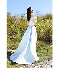 Terani Couture Metallic Jacquard Off-The-Shoulder Ruffle Overskirt A-Line Gown