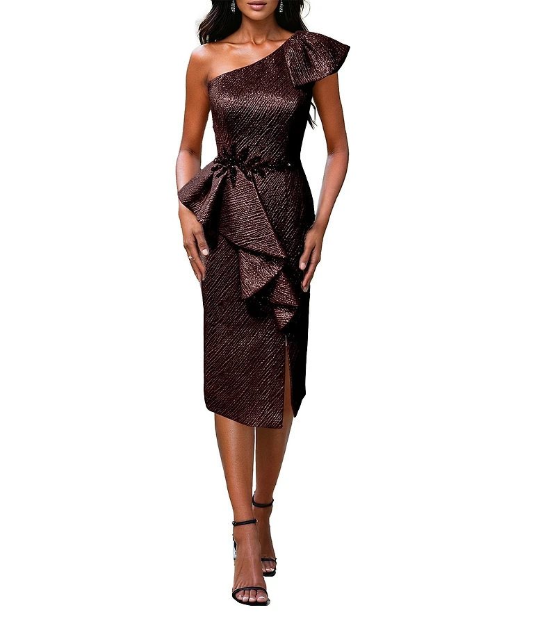 Terani Couture Metallic Jacquard Sheath Peplum One Shoulder Neckline Dress