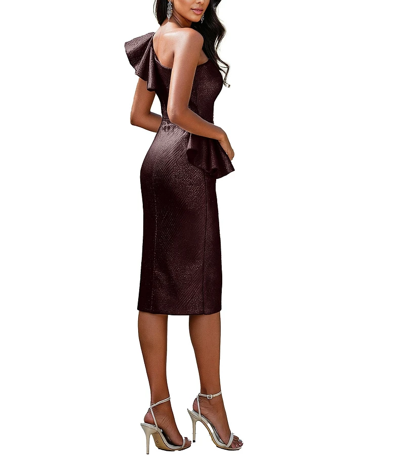 Terani Couture Metallic Jacquard Sheath Peplum One Shoulder Neckline Dress