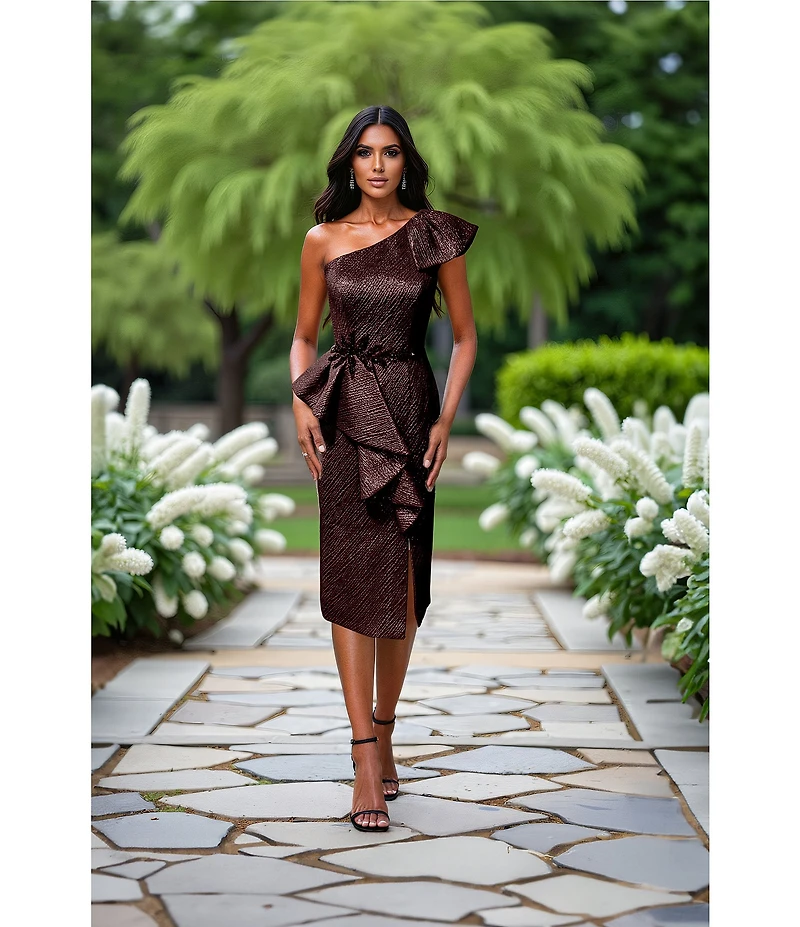 Terani Couture Metallic Jacquard Sheath Peplum One Shoulder Neckline Dress