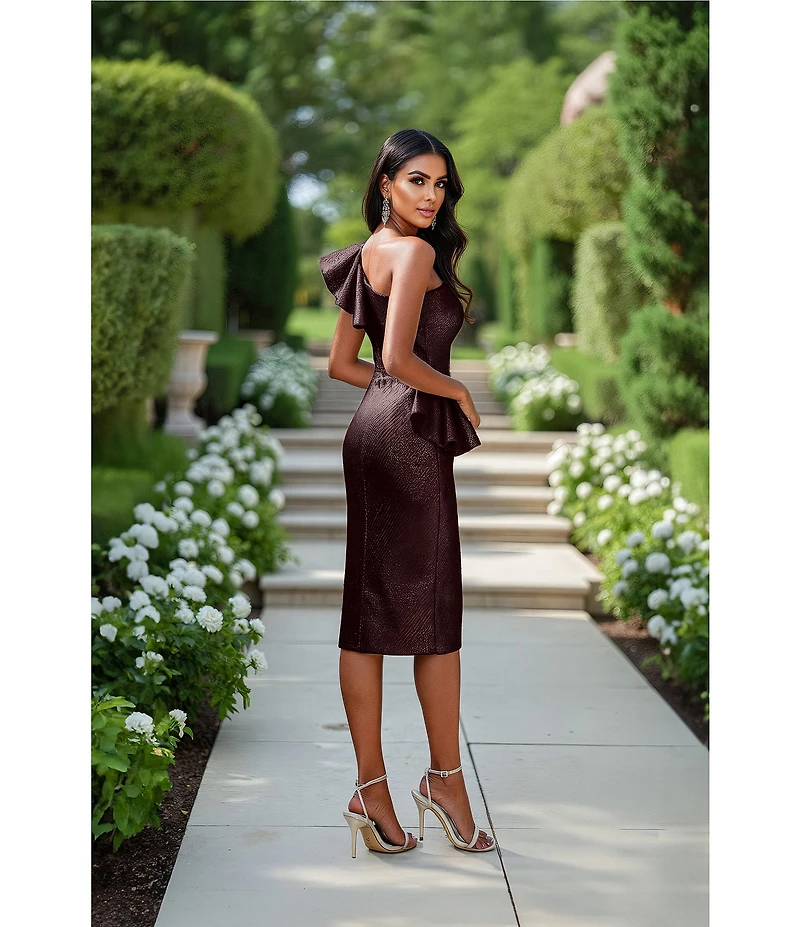 Terani Couture Metallic Jacquard Sheath Peplum One Shoulder Neckline Dress