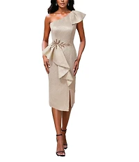 Terani Couture Metallic Jacquard Sheath Peplum One Shoulder Neckline Dress