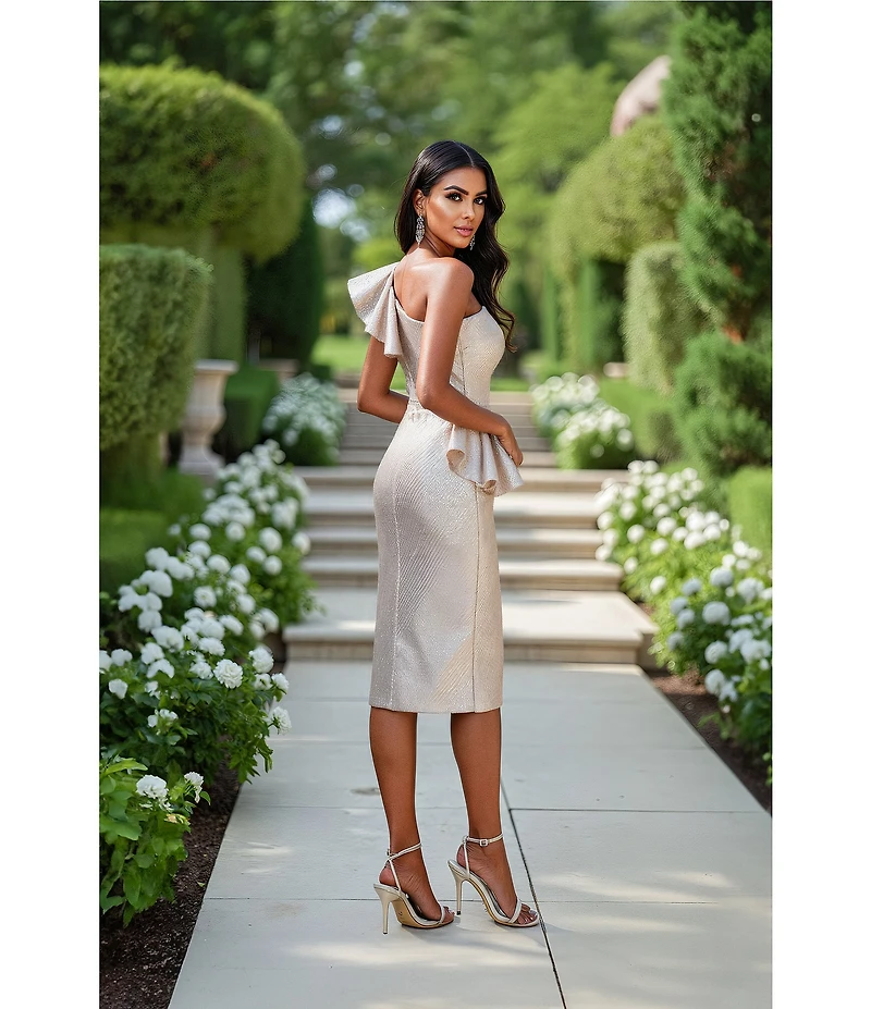 Terani Couture Metallic Jacquard Sheath Peplum One Shoulder Neckline Dress