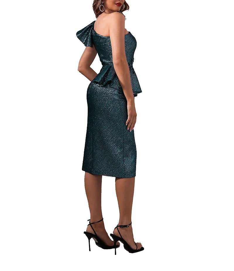 Terani Couture Metallic Jacquard Sheath Peplum One Shoulder Neckline Dress