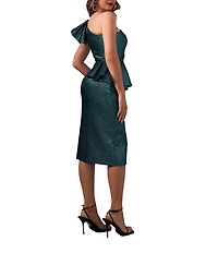 Terani Couture Metallic Jacquard Sheath Peplum One Shoulder Neckline Dress