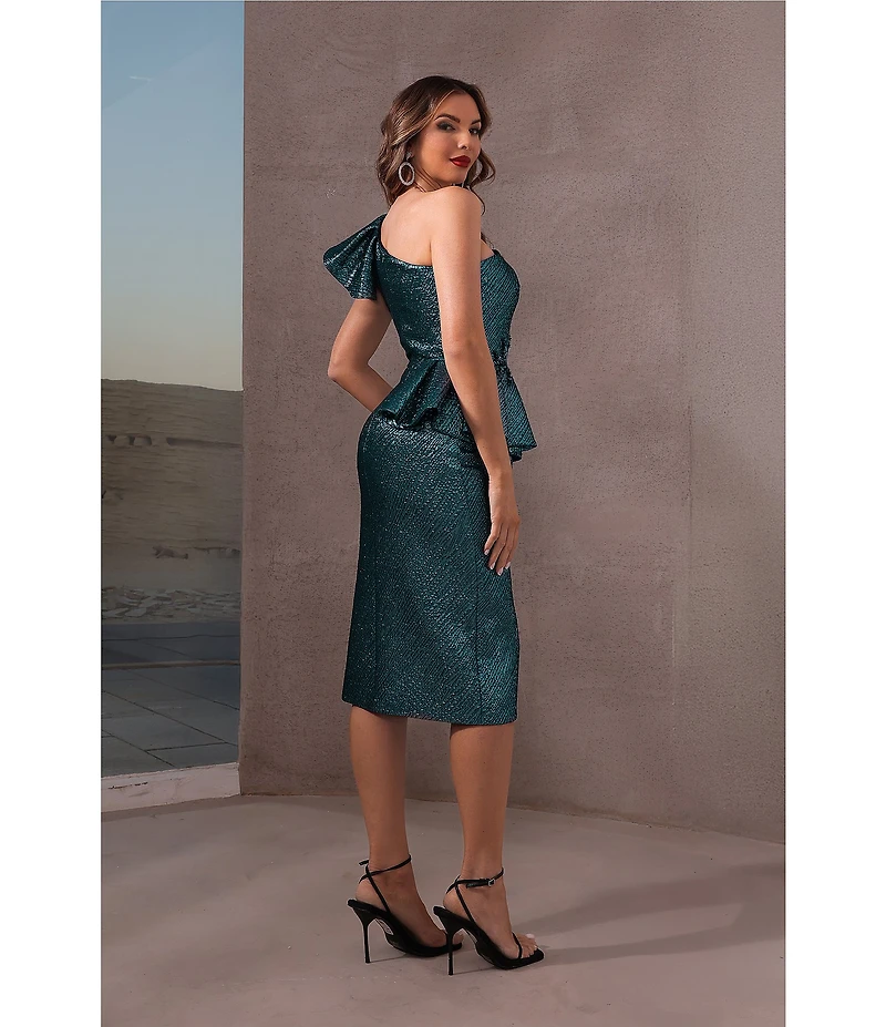 Terani Couture Metallic Jacquard Sheath Peplum One Shoulder Neckline Dress