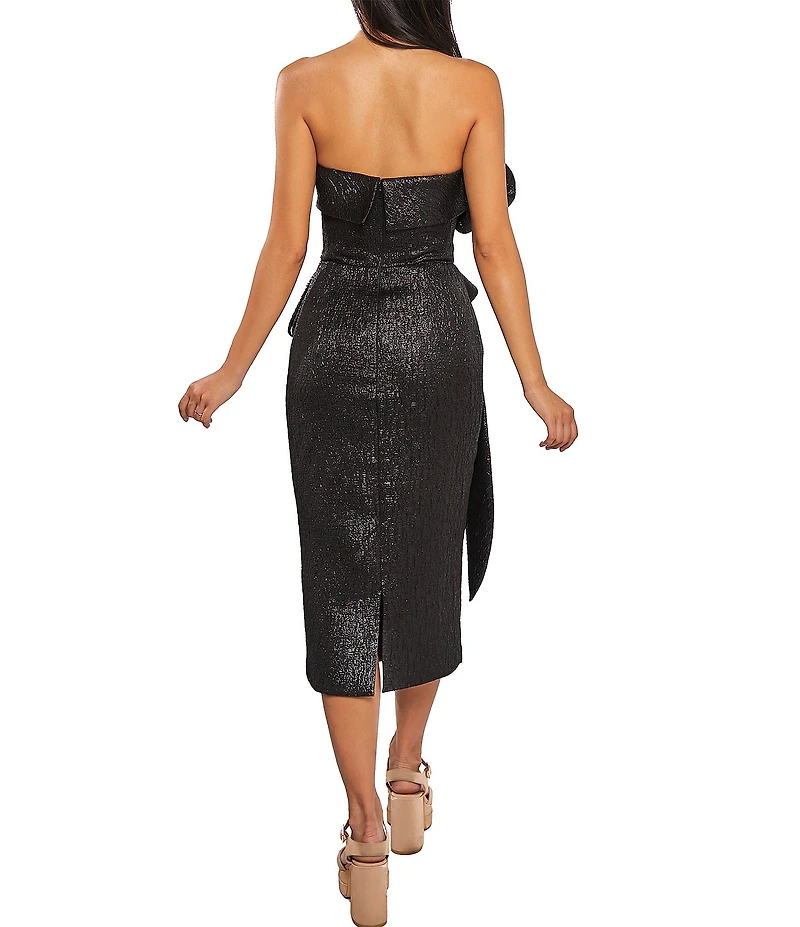 Terani Couture Metallic Strapless Sleeveless Ruffle Bodice Peplum Waist Midi Sheath Dress