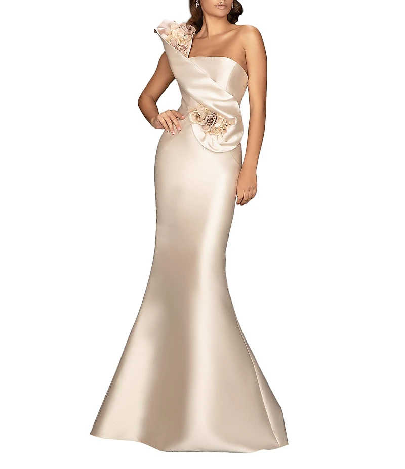 Terani Couture Mikado 3D Floral Applique Cascading Ruffle Mermaid Gown