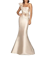 Terani Couture Mikado 3D Floral Applique Cascading Ruffle Mermaid Gown