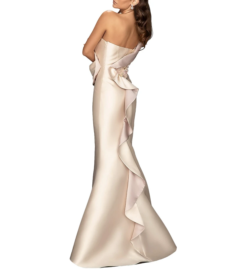 Terani Couture Mikado 3D Floral Applique Cascading Ruffle Mermaid Gown