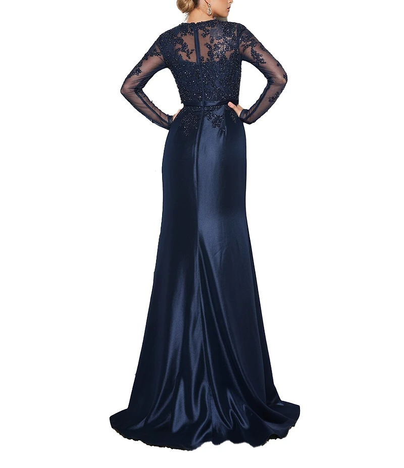 Terani Couture Mikado 3D Flower Beaded Long Illusion Sleeve Dress