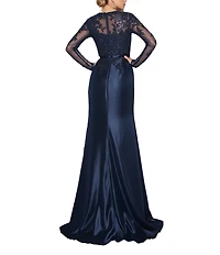 Terani Couture Mikado 3D Flower Beaded Long Illusion Sleeve Dress