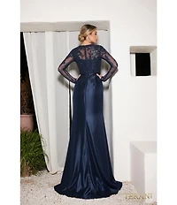 Terani Couture Mikado 3D Flower Beaded Long Illusion Sleeve Dress