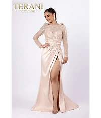 Terani Couture Mikado 3D Flower Beaded Long Illusion Sleeve Dress