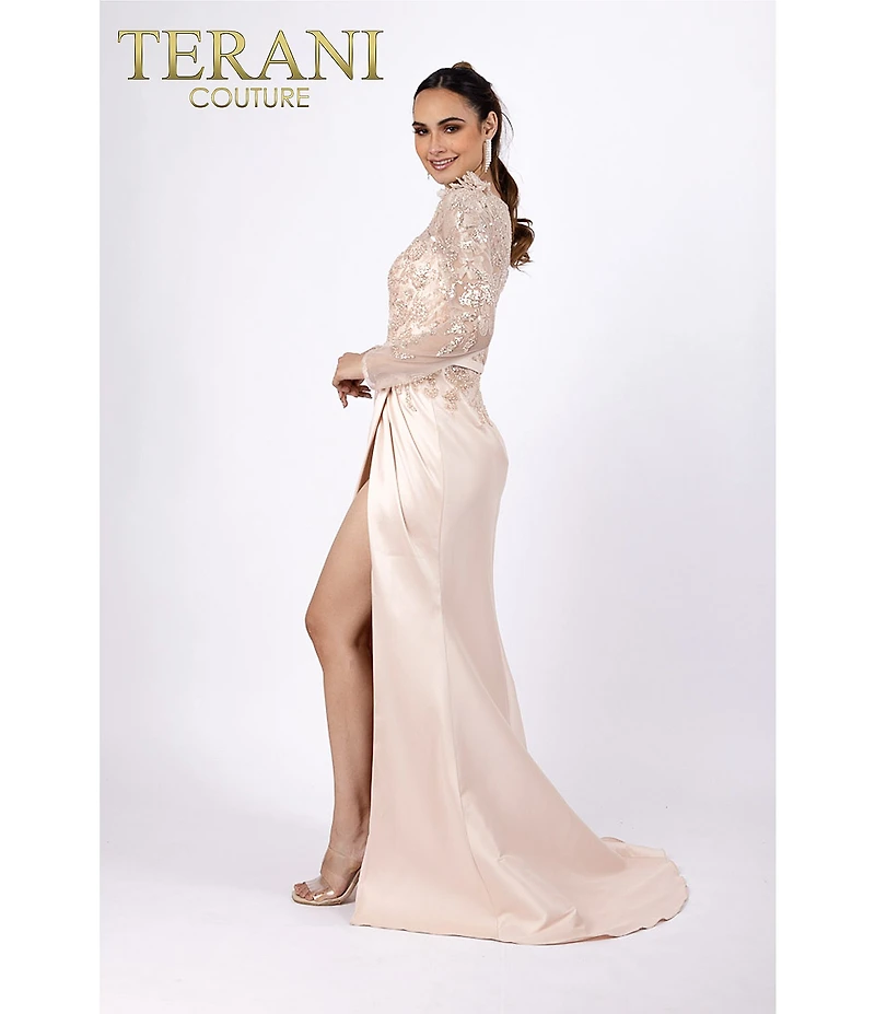 Terani Couture Mikado 3D Flower Beaded Long Illusion Sleeve Dress