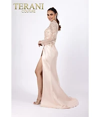 Terani Couture Mikado 3D Flower Beaded Long Illusion Sleeve Dress