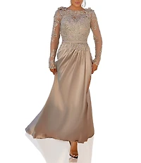 Terani Couture Mikado 3D Flower Beaded Long Illusion Sleeve Dress