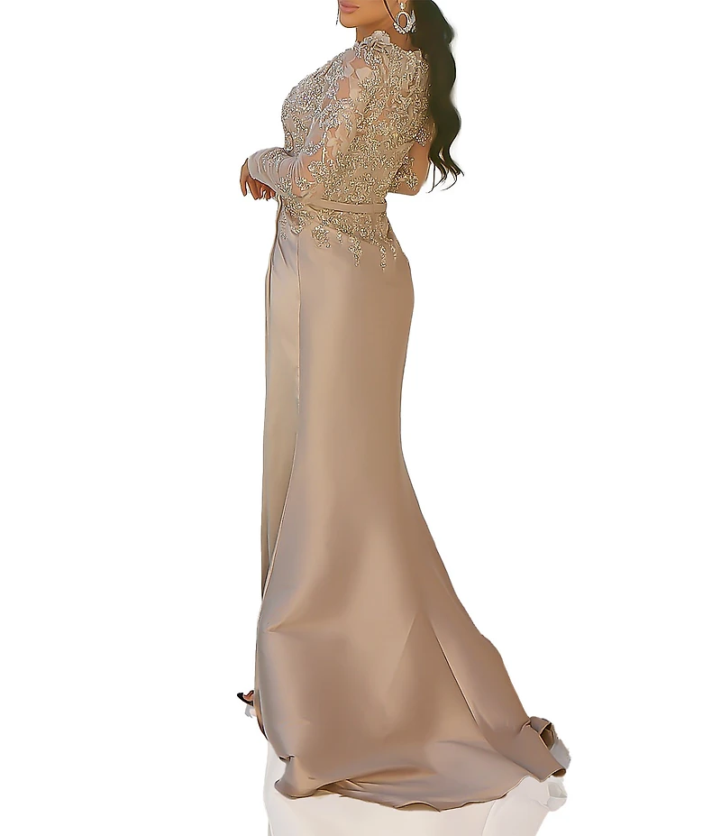 Terani Couture Mikado 3D Flower Beaded Long Illusion Sleeve Dress