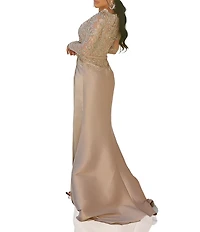 Terani Couture Mikado 3D Flower Beaded Long Illusion Sleeve Dress