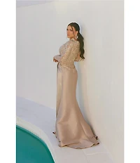 Terani Couture Mikado 3D Flower Beaded Long Illusion Sleeve Dress