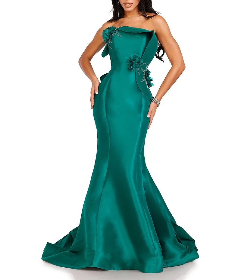 Terani Couture Mikado 3D Fold Front Floral Applique Mermaid Gown
